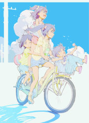 Rule 34 | 10s, 1boy, 3girls, bag, bare legs, bicycle, black hair, blouse, blue skirt, blue sky, bow, camisole, cloud, family, hair bobbles, hair bow, hair ornament, hug, hug from behind, koukaku, looking away, love live!, love live! school idol project, multiple girls, multiple riders, one eye closed, open mouth, pale color, pink eyes, purple eyes, riding, sandals, shadow, shirt, shoes, short hair, short sleeves, shorts, shoulder bag, siblings, sitting, skirt, sky, smile, sneakers, socks, twintails, yazawa cocoa, yazawa cocoro, yazawa cotaro, yazawa nico, yellow shirt