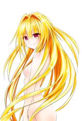 Rule 34 | 1girl, blonde hair, breasts, closed mouth, floating hair, from side, hair between eyes, hair censor, hair intakes, hair over breasts, highres, konjiki no yami, konjikino83, long hair, looking at viewer, nude, red eyes, simple background, small breasts, smile, solo, standing, to love-ru, very long hair, white background