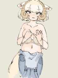 Rule 34 | 1girl, animal ears, blonde hair, bra, breasts, brown hair, collarbone, covering privates, covering breasts, curly hair, grey background, hands up, highres, horizontal pupils, kemono friends, light smile, looking at viewer, medium hair, multicolored hair, navel, overalls, parted lips, sheep (kemono friends), sheep ears, simple background, solo, stomach, torento, underwear, undone bra, yellow eyes