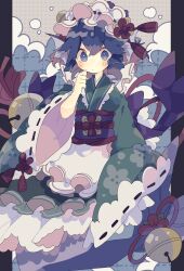 Rule 34 | 1girl, adapted costume, apron, bell, blue eyes, blue hair, blush, closed mouth, commentary, drill hair, frilled hairband, frills, full body, green kimono, hairband, hand up, highres, japanese clothes, kimono, long sleeves, looking at viewer, medium hair, mermaid, monster girl, nikorashi-ka, obi, one-hour drawing challenge, sash, solo, touhou, wakasagihime, white apron, wide sleeves