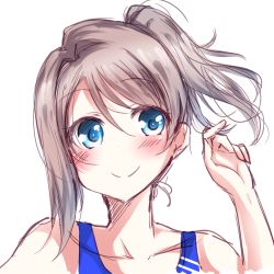Rule 34 | alternate hairstyle, arm up, blue eyes, blush, grey hair, hand in own hair, highres, love live!, love live! sunshine!!, portrait, short hair, side ponytail, smile, solo, swimsuit, watanabe you, white background, zero-theme