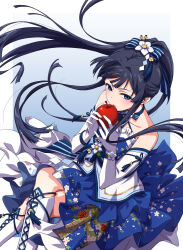 Rule 34 | 1girl, apple, bare shoulders, black hair, blue background, blue choker, blue dress, blue eyes, blue ribbon, blush, boots, border, breasts, choker, collarbone, crossed legs, dress, elbow gloves, floating hair, floral print, flower, food, frilled dress, frills, from above, fruit, gloves, gradient background, hair flower, hair ornament, hair ribbon, hands up, highres, holding, holding food, holding fruit, idolmaster, idolmaster million live!, idolmaster million live! theater days, long hair, looking at viewer, looking up, mogami shizuka, outside border, parted lips, print dress, ribbon, sanada (tony2035176), simple background, sitting, small breasts, solo, strapless, strapless dress, striped ribbon, white border, white flower, white footwear, white gloves