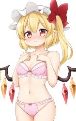 Rule 34 | 1girl, bare shoulders, blonde hair, blush, bow, breasts, closed mouth, collarbone, commentary request, cowboy shot, crystal, embarrassed, flandre scarlet, frills, hair between eyes, hair bow, hands up, hat, highres, looking at viewer, medium breasts, mob cap, navel, nose blush, one side up, pointy ears, red bow, red eyes, short hair, simple background, solo, suwa yasai, touhou, underwear, white background, white hat, wings