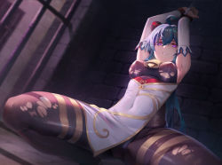 Rule 34 | 1girl, arms up, bell, black background, black legwear, black panties, blue hair, bound, bound wrists, breasts, chain, covered erect nipples, covered navel, cowbell, detached sleeves, doconim, ganyu (genshin impact), genshin impact, highres, long sleeves, looking at viewer, medium breasts, panties, parted lips, purple eyes, restrained, simple background, solo, spread legs, squatting, thighs, torn clothes, torn legwear, underwear