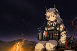 Rule 34 | 1girl, absurdres, arknights, black gloves, buckle, campfire, chinese commentary, coat, commentary request, cup, feet out of frame, fire, gloves, grey hair, hammer, highres, holding, holding cup, horns, load bearing vest, log, long hair, long sleeves, looking at viewer, lunn, mountainous horizon, mudrock (arknights), night, night sky, outdoors, pants, pointy ears, red eyes, sitting, sitting on log, sky, sledgehammer, smile, snap-fit buckle, solo, star (sky), steam, white coat, white pants