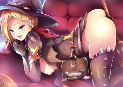Rule 34 | 1girl, all fours, arm support, ass, belt, belt pouch, between buttocks, blonde hair, blue eyes, book, bracelet, breasts, broom, brown gloves, brown hat, brown thighhighs, butt crack, cape, capelet, closed mouth, couch, dress, earrings, elbow gloves, gloves, halloween, halloween costume, hanging breasts, hat, hat belt, jack-o&#039;-lantern, jack-o&#039;-lantern earrings, jewelry, large breasts, looking at viewer, mercy (overwatch), nakatokung, nipples, no wings, official alternate costume, on couch, overwatch, overwatch 1, pink lips, pouch, puffy nipples, red cape, short hair, short sleeves, solo, thighhighs, thighs, watermark, web address, wings, witch, witch hat, witch mercy