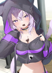 Rule 34 | 1girl, absurdres, animal ears, black hoodie, blush, breasts, candy, cat ears, cat girl, cat tail, chocolate, chocolate heart, chocolate on body, chocolate on breasts, collarbone, commentary request, crop top, food, food in mouth, food on body, hair between eyes, heart, heart on chest, highres, hololive, hood, hood up, hoodie, kamioka shun&#039;ya, large breasts, long sleeves, mouth hold, nekomata okayu, nekomata okayu (1st costume), puffy long sleeves, puffy sleeves, purple eyes, purple hair, sleeves past wrists, solo, tail, virtual youtuber