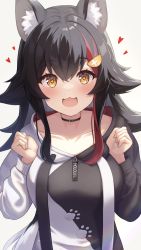 Rule 34 | 1girl, :3, animal ear fluff, animal ears, black hair, blush, breasts, choker, collarbone, copyright name, diamond-shaped pupils, diamond (shape), drawstring, english text, from above, hair between eyes, hands up, heart, highres, hololive, hood, hoodie, large breasts, long hair, long sleeves, looking at viewer, multicolored hair, ookami mio, ookami mio (casual), open mouth, orange eyes, paw print, red hair, simple background, smile, solo, streaked hair, suicabar72, symbol-shaped pupils, tareme, two-tone hoodie, upper body, virtual youtuber, white background, wolf ears, wolf girl