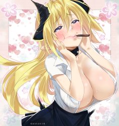 Rule 34 | 1girl, absurdres, amon patricia, blonde hair, blush, breasts, brown eyes, cleavage, floor ni maou ga imasu, full-face blush, gaston18, highres, horns, large breasts, long hair, looking up, pointy ears, skirt, smile, solo