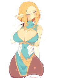 Rule 34 | 1girl, blonde hair, blue eyes, blush, braid, breasts, cleavage, cleavage cutout, clothing cutout, fingerless gloves, gloves, hair ornament, hairclip, highres, large breasts, looking to the side, medium hair, navel, nintendo, princess zelda, smile, the legend of zelda, the legend of zelda: breath of the wild, the legend of zelda: tears of the kingdom, thick thighs, thighhighs, thighs, usa37107692, wide hips
