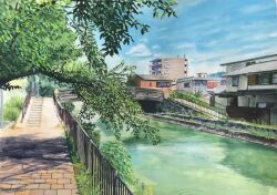 Rule 34 | apartment, atsumori177, blue sky, branch, bridge, building, bush, canal, fence, grass, house, leaf, no humans, open window, original, painting (medium), path, plant, river, road, scenery, sky, tall grass, tile floor, tiles, traditional media, tree, water, watercolor (medium), weeds, window
