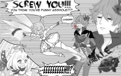 Rule 34 | 1boy, 2girls, aether (genshin impact), alph (sancheck), angry, ball busting, bdsm, blood, boots, breasts, brooch, cbt, cleavage, closed eyes, coughing blood, crotch kick, crown, dress, english text, expressive hair, flying kick, genshin impact, greyscale, grimace, hair ornament, highres, jewelry, kicking, long sleeves, lumine (genshin impact), mask, mask on head, messy hair, monochrome, multiple girls, multiple views, paimon (genshin impact), pain, pants, popped collar, profanity, rectangular mouth, sash, scarf, screaming, shaded face, sleeves rolled up, small breasts, sound effects, surprised, tartaglia (genshin impact), violence, white hair
