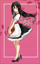 Rule 34 | 1girl, apron, artist name, black dress, black footwear, black hair, box, closed mouth, commentary, dated, dress, english commentary, floating hair, frilled apron, frilled dress, frills, from side, gift, gift box, hair between eyes, happy valentine, heart-shaped box, high heels, highres, holding, holding gift, kobutanori, long hair, looking at viewer, looking to the side, love live!, love live! sunshine!!, puffy short sleeves, puffy sleeves, purple background, red eyes, shoes, short sleeves, smile, solo, standing, tsushima yoshiko, very long hair, white apron