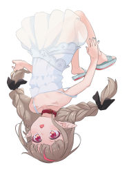Rule 34 | 1girl, :o, bare legs, bare shoulders, barefoot sandals (jewelry), black ribbon, blush, braid, collar, collarbone, dress, falling, full body, grey hair, hair ribbon, highres, long hair, makaino ririmu, makaino ririmu (3rd costume), multicolored hair, nijisanji, open mouth, pointy ears, red collar, red eyes, red hair, ribbon, sabamen, sandals, see-through, simple background, solo, strap slip, streaked hair, twin braids, twintails, upside-down, virtual youtuber, white background, white dress