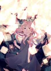 Rule 34 | 1girl, arms at sides, bare shoulders, black dress, blue eyes, blush, crying, crying with eyes open, dress, floating hair, lantern, light particles, long hair, looking at viewer, mairieux (vocaloid), no.734, paper lantern, pink hair, sad, solo, standing, tears
