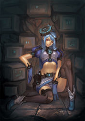 Rule 34 | 1girl, :3, alternate costume, alternate hairstyle, bili girl 22, bilibili, blue hair, boots, breasts, catsila, covered erect nipples, gloves, hat, highres, leg up, midriff, monitor, navel, panties, pantyshot, red eyes, signature, sitting, small breasts, solo, striped clothes, striped panties, thighhighs, underwear