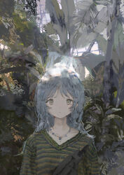 Rule 34 | 1girl, absurdres, bag, benikusochan, black bag, expressionless, grey hair, highres, indoors, jewelry, leaf, long hair, looking at viewer, muted color, necklace, original, plant, shirt, shoulder bag, solo, striped clothes, striped shirt, upper body