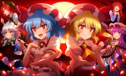 Rule 34 | 6+girls, 60mai, :d, apron, ascot, bat wings, beret, black dress, blue dress, blue eyes, blue hair, blush, braid, breasts, brooch, commentary request, crescent, crescent hair ornament, crystal, demon wings, dress, fang, fang out, flandre scarlet, frilled apron, frills, from side, green dress, green headwear, hair between eyes, hair ornament, hand up, hat, hat ribbon, head wings, holding, holding knife, holding weapon, hong meiling, izayoi sakuya, jewelry, knife, koakuma, long hair, maid, maid apron, maid headdress, medium breasts, mob cap, moon, multiple girls, one side up, open mouth, patchouli knowledge, pink dress, pink headwear, profile, puffy short sleeves, puffy sleeves, purple eyes, purple hair, purple headwear, reaching, reaching towards viewer, red eyes, red hair, red ribbon, red skirt, red vest, remilia scarlet, reverse grip, ribbon, shirt, short hair, short sleeves, siblings, silver hair, sisters, skirt, skirt set, smile, star (symbol), striped, touhou, twin braids, v-shaped eyebrows, vertical stripes, vest, waist apron, weapon, white apron, white shirt, wings, yellow ascot