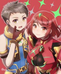 Rule 34 | 1boy, 1girl, belt, bob cut, brown gloves, brown hair, closed mouth, commentary request, core crystal (xenoblade), eyelashes, gloves, gold trim, highres, longerthan, looking at viewer, open mouth, orange eyes, pink lips, pyra (xenoblade), red background, rex (xenoblade), short hair, simple background, smile, sparkle, tiara, xenoblade chronicles (series), xenoblade chronicles 2, yellow eyes
