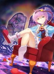 Rule 34 | 1girl, blue dress, breasts, chair, checkered floor, closed mouth, crossed legs, dress, dutch angle, expressionless, eyebrows, falken (yutozin), feet, flower, frilled dress, frilled sleeves, frilled socks, frills, full body, hairband, head tilt, heart, holding, indoors, komeiji satori, long sleeves, looking at viewer, md5 mismatch, medium breasts, petals, plant, purple hair, red eyes, red flower, red rose, resolution mismatch, rose, shoes, single shoe, sitting, slippers, unworn slippers, socks, solo, source larger, stained glass, third eye, thorns, touhou, vines, white socks, window