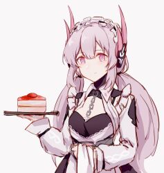 Rule 34 | 1girl, apron, beizhi, black dress, blush, breasts, cake, cake slice, chain, chain necklace, chinese commentary, commentary, cross, cross necklace, dress, food, fruit, headgear, highres, holding, holding cloth, holding plate, jewelry, liv: eclipse (maid of time) (punishing: gray raven), liv (punishing: gray raven), looking at viewer, low twintails, maid, maid apron, maid headdress, necklace, official alternate costume, pink eyes, pink hair, plate, punishing: gray raven, small breasts, solo, strawberry, twintails, upper body, white background, white dress