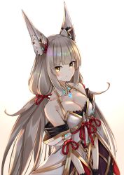 Rule 34 | 1girl, animal ears, bare shoulders, breasts, chest jewel, cleavage, detached sleeves, facial mark, highres, large breasts, leotard, long hair, low twintails, medium breasts, nia (blade) (xenoblade), nia (xenoblade), sarasadou dan, silver hair, simple background, solo, spoilers, twintails, very long hair, white background, xenoblade chronicles (series), xenoblade chronicles 2, yellow eyes