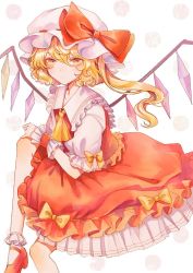 Rule 34 | 1girl, ascot, blonde hair, blouse, bow, expressionless, flandre scarlet, foot out of frame, frills, hair between eyes, hat, hat bow, hourai kiriri, looking at viewer, mob cap, petticoat, puffy short sleeves, puffy sleeves, red bow, red eyes, red footwear, red ribbon, red skirt, red vest, ribbon, shirt, shoes, short sleeves, simple background, sitting, skirt, skirt set, socks, solo, touhou, vest, white background, white hat, white shirt, white socks, wings, wrist cuffs