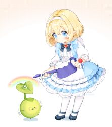 Rule 34 | 1girl, apron, black footwear, blonde hair, blue dress, blue eyes, bow, bowtie, commentary request, dress, eyebrows hidden by hair, final fantasy, final fantasy xiv, frilled dress, frills, full body, hair between eyes, hairband, heart, holding, holding watering can, jitter, jumping, korpokkur (final fantasy), lalafell, light blush, looking at another, looking down, pantyhose, pointy ears, rainbow, scrunchie, short hair, smile, solo, water drop, watering can, white apron, white background, white hairband, white pantyhose, wrist scrunchie