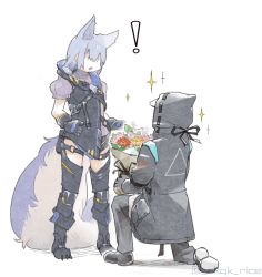Rule 34 | !, 1girl, 1other, :o, animal ear fluff, animal ears, arknights, black coat, black footwear, black gloves, black pants, black thighhighs, bouquet, braid, coat, doctor (arknights), flower, gloves, hair over shoulder, holding, holding bouquet, hood, hooded coat, knee pads, long hair, long sleeves, marriage proposal, on one knee, open mouth, pants, pink flower, pink rose, provence (arknights), purple hair, rose, short sleeves, simple background, single braid, sparkle, tail, thighhighs, tulip, white background, wolf ears, wolf girl, wolf tail, zymoto, | |