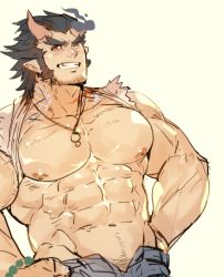 Rule 34 | 1boy, abs, bara, beard, blue hair, blush, dark blue hair, demon boy, facial hair, fang, fiery horns, highres, horns, jewelry, large pectorals, long sideburns, looking at viewer, male focus, manly, muscular, necklace, nipples, pectorals, rybiok, scar, sideburns, simple background, smile, solo, stubble, takemaru (housamo), thick eyebrows, tokyo houkago summoners, upper body
