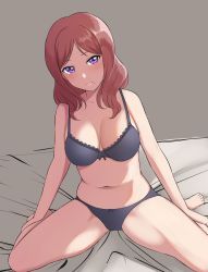 Rule 34 | 1girl, artist request, black panties, breasts, cleavage, highres, long hair, looking at viewer, love live!, love live! school idol project, mole, mole under mouth, nishikino maki&#039;s mother, panties, purple eyes, red hair, smile, solo, spread legs, underwear, underwear only