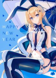 Rule 34 | 1girl, animal ears, bare shoulders, between breasts, black hairband, black jacket, black thighhighs, blonde hair, blue eyes, bow, bowtie, breasts, collared shirt, crop top, elf, fake animal ears, fur trim, garter straps, hair ornament, hairband, hairclip, happy new year, highres, jacket, large breasts, long hair, looking at viewer, midriff, navel, necktie, new year, no bra, off shoulder, open clothes, open shirt, original, pointy ears, rabbit ears, revealing clothes, shirt, sitting, sleeveless, sleeveless shirt, solo, stomach, thighhighs, thighs, two-tone shirt, umbrella, white shirt, yashiro seika