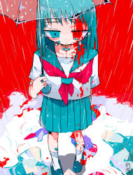 Rule 34 | 1girl, absurdres, bandaid, bandaid on arm, bandaid on face, bandaid on leg, bandaid on neck, black footwear, blood, blood on clothes, blood on face, blood on leg, blue eyes, blue hair, blue sailor collar, blue skirt, commentary request, cuts, edanoma meu, expressionless, from above, highres, holding, holding umbrella, injury, loafers, looking down, neckerchief, original, pleated skirt, puddle, rain, red neckerchief, red sky, ripples, sailor collar, school uniform, serafuku, shirt, shoes, short hair, short sleeves, signature, skirt, sky, socks, solo, umbrella, water drop, white shirt, white socks