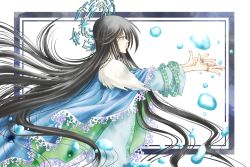 Rule 34 | 1girl, black hair, blue cape, blue eyes, bubble, cape, female focus, floating hair, framed, houshin engi, jewelry, long hair, open palms, outside border, outstretched arms, profile, ring, ryuukitsu koushu, simple background, solo, tayana (ddxc8574), very long hair, white background