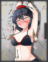 Rule 34 | 1girl, against wall, arms up, bdsm, black bra, black hair, blush, body writing, bow, bow bra, bra, breasts, calligraphy brush, cleavage, closed eyes, collarbone, cuffs, curly hair, hair between eyes, hat, highres, laughing, looking at viewer, medium breasts, navel, nintoku, open mouth, paintbrush, pom pom (clothes), shackles, shameimaru aya, short hair, solo, tickle torture, tickling, tickling armpits, tickling stomach, tokin hat, touhou, underwear, upper body, viewfinder, wrist cuffs