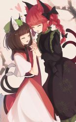 Rule 34 | 2girls, ^ ^, absurdres, alternate hair length, alternate hairstyle, animal ear fluff, animal ears, black bow, black dress, blunt bangs, blush, bow, braid, cat ears, cat girl, cat tail, chen, closed eyes, commentary request, dress, facing another, feet out of frame, foul detective satori, frilled dress, frills, hair bow, heart, highres, holding hands, interlocked fingers, kaenbyou rin, long hair, long sleeves, multiple girls, multiple tails, pointy ears, red hair, senzaicha kasukadoki, short sleeves, sidelocks, standing, tabard, tail, touhou, tree, twin braids, two tails, white dress