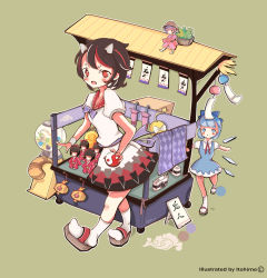 Rule 34 | 3girls, arrow (symbol), artist name, bad id, bad pixiv id, bangle, black hair, blue eyes, blue hair, blush stickers, bomb, bow, bowl, bracelet, camera, candy, cart, cirno, closed umbrella, cone horns, doll, dress, explosive, food, grey horns, hair bow, hat, highres, horns, ice, ice wings, itohime, japanese clothes, jewelry, kijin seija, kimono, lantern, mallet, market stall, mini person, minigirl, multicolored hair, multiple girls, open mouth, parasol, purple hair, raccoon tail, red eyes, red hair, ribbon, short hair, short sleeves, smile, streaked hair, sukuna shinmyoumaru, tail, touhou, umbrella, watermark, white hair, wings, yin yang