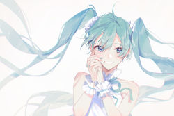 Rule 34 | 1girl, ahoge, bare shoulders, blue eyes, blue hair, blue nails, blue ribbon, collarbone, floating hair, grin, hair between eyes, hatsune miku, long hair, looking at viewer, moro (from m0r0), nail polish, neck ribbon, ribbon, shirt, sleeveless, sleeveless shirt, smile, solo, twintails, upper body, very long hair, vocaloid, white shirt, wrist cuffs