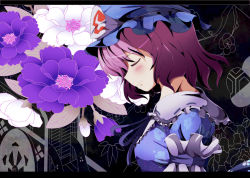 Rule 34 | 1girl, blue dress, blue hat, breasts, closed eyes, dress, female focus, flower, from side, ghost, hat, letterboxed, mob cap, pink hair, saigyouji yuyuko, shino (moment), short hair, solo, touhou, triangular headpiece, upper body