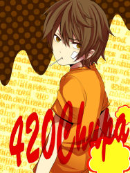Rule 34 | 1boy, aged down, bandaid, bandaid on face, brown background, brown hair, candy, child, chupa chups, closed mouth, dotted background, durarara!!, english text, eyebrows, eyelashes, food, hair between eyes, heiwajima shizuo, hiiroichi, in mouth, lollipop, looking at viewer, male focus, shirt, short hair, short sleeves, simple background, solo, t-shirt, text focus, upper body, yellow eyes
