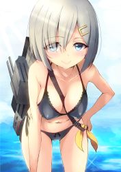 Rule 34 | 10s, 1girl, absurdres, bent over, between breasts, blue eyes, blush, breasts, cleavage, covered erect nipples, eyes visible through hair, hair ornament, hair over one eye, hairclip, hamakaze (kancolle), highres, kantai collection, karaage bou, leaning forward, looking at viewer, machinery, medium breasts, navel, short hair, silver hair, smile, solo, standing, strap, swimsuit