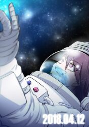 Rule 34 | 1boy, astronaut, brown hair, danganronpa (series), danganronpa v3: killing harmony, dated, earth (planet), facial hair, goatee, grin, hair between eyes, hand up, highres, looking up, male focus, momota kaito, pink eyes, planet, reflection, shachoo (poco poco), smile, solo, space, spacesuit, teeth