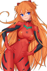 Rule 34 | 1girl, blue eyes, bodysuit, breasts, breasts apart, contrapposto, corgi (artist), cowboy shot, hair between eyes, hands on own hips, head tilt, headgear, highres, leaning to the side, legs apart, long hair, neon genesis evangelion, parted bangs, plugsuit, red bodysuit, smile, solo, souryuu asuka langley, standing, two side up, very long hair, white background