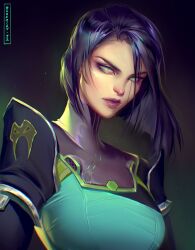 Rule 34 | 1girl, asymmetrical hair, black hair, bluemist72, blunt ends, commentary, dark background, english commentary, expressionless, green eyes, highres, lips, looking at viewer, purple lips, short hair, simple background, solo, upper body, valorant, viper (valorant)