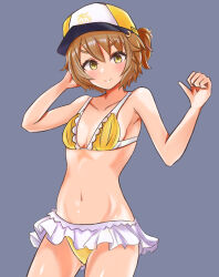 Rule 34 | 1girl, alternate costume, arm up, armpits, bare shoulders, baseball cap, bikini, bikini skirt, blush, breasts, brown hair, closed mouth, commentary request, cowboy shot, frilled bikini, frills, gluteal fold, grey hair, hat, highres, looking at viewer, navel, satake mei, short hair, short ponytail, simple background, small breasts, smile, solo, swimsuit, thick eyebrows, umamusume, v-shaped eyebrows, vandy76, yellow bikini, yellow hat