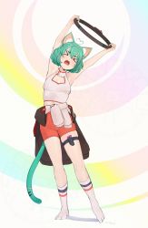 Rule 34 | 1girl, absurdres, ahoge, animal ears, breasts, cat ears, cat girl, cat tail, fang, full body, girl dm, girl dm (1st costume), green hair, hair between eyes, heart, heart ahoge, highres, hood, hoodie, indie virtual youtuber, joy-con, kneehighs, open mouth, ring fit adventure, short hair, shorts, sleeveless, small breasts, socks, solo, standing, tail, tanja, thigh strap, tongue, virtual youtuber