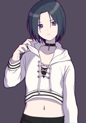 Rule 34 | 1girl, bad id, bad pixiv id, black choker, black hair, choker, closed mouth, collarbone, crop top, drawstring, expressionless, forehead, grey background, hand up, highres, hood, hood down, hoodie, ichiren namiro, jun (princess connect!), jun (real) (princess connect!), long sleeves, looking at viewer, midriff, navel, parted bangs, princess connect!, purple eyes, short hair, simple background, solo, stomach, upper body, white hoodie