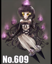 Rule 34 | 10s, 1girl, bad id, bad pixiv id, bare shoulders, bow, chandelure, creatures (company), curly hair, dress, eeko, elbow gloves, fire, full body, game freak, gen 5 pokemon, glass, gloves, high heels, lolita fashion, long hair, nintendo, pantyhose, personification, pillarboxed, pokedex number, pokemon, pokemon bw, purple hair, ribbon, scar, shoes, simple background, sitting, smile, solo, stitches, striped clothes, striped pantyhose, striped thighhighs, thighhighs, vertical-striped clothes, vertical-striped pantyhose, very long hair, yellow eyes