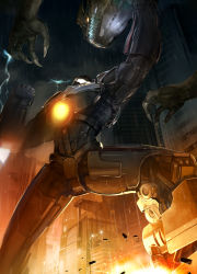 Rule 34 | armor, battle, blue armor, cannon, chest cannon, city, colored skin, directed-energy weapon, donarudo, elbow rocket, energy cannon, energy weapon, explosion, from below, gipsy danger, glowing, highres, in the face, jaeger (pacific rim), kaijuu, legendary pictures, mecha, motion blur, night, no humans, nuclear vortex turbine, otachi, outdoors, pacific rim, pan pacific defense corps, rain, robot, rocket punch, science fiction, weapon