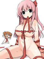 Rule 34 | &gt; &lt;, 2girls, :d, arm support, blue eyes, blush, bow, breasts, chibi, cleavage, collarbone, fang, furrowed brow, groin, hair bobbles, hair bow, hair ornament, haramura nodoka, head tilt, kataoka yuuki, large breasts, long hair, looking at viewer, mouth hold, multiple girls, naked ribbon, navel, one side up, open mouth, orange hair, outstretched arms, pink hair, red bow, red footwear, red ribbon, ribbon, saki (manga), sandals, shadow, shisoneri, sidelocks, simple background, sitting, smile, standing, sweat, thighs, two side up, wariza, white background, xd